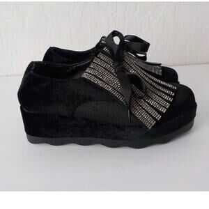 MIGATO Black Velvet Loafers Slip On Wedges Women Size EU36 US6M Shiny Accent